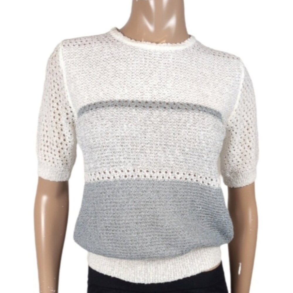 Vintage 90s Alia Open Knit Sweater Womens Size Medium White Gray Short Sleeve